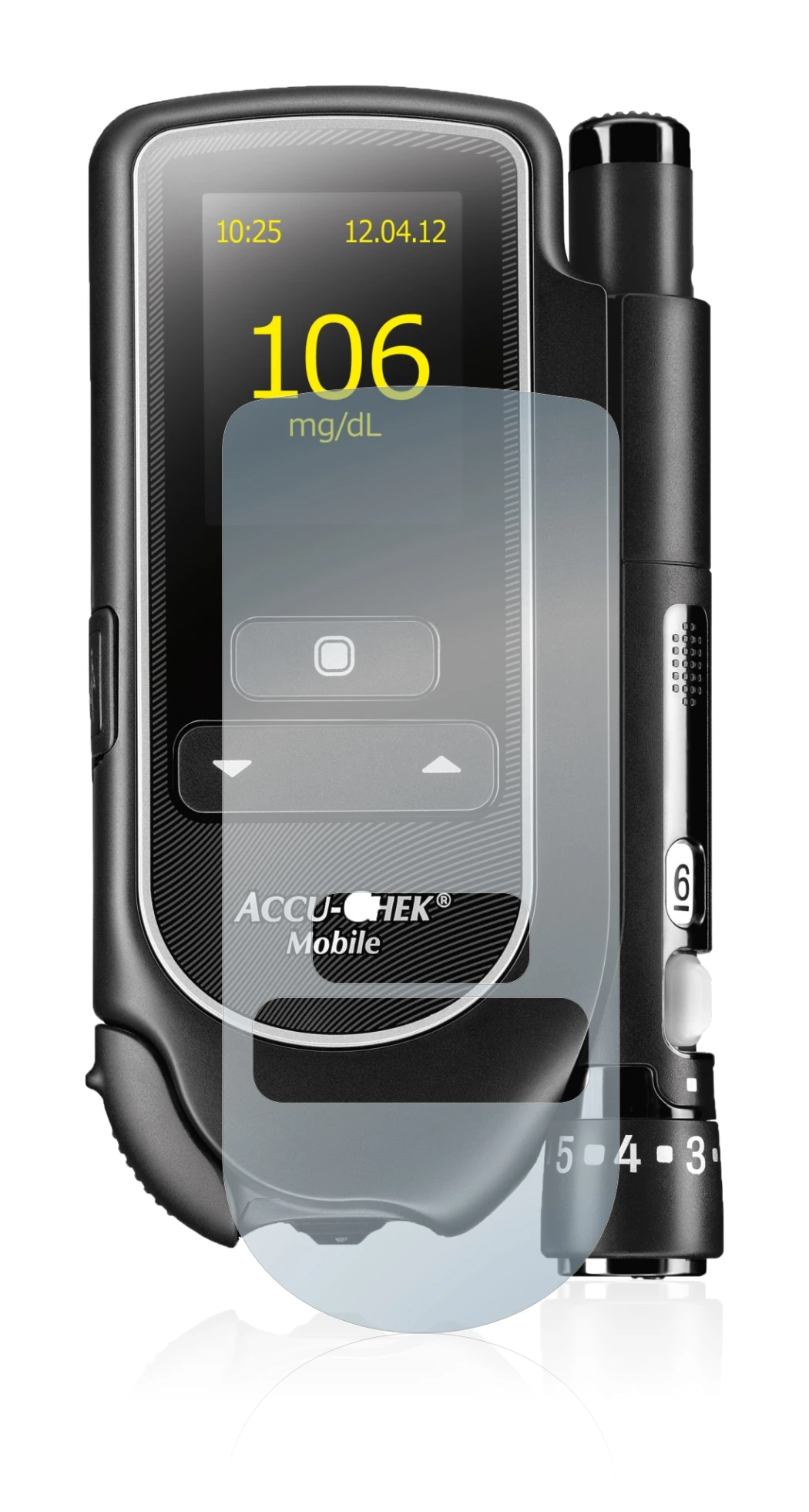 Image de l'appareil Accu-Chek Mobile avec une grande variété de protections d'écran.