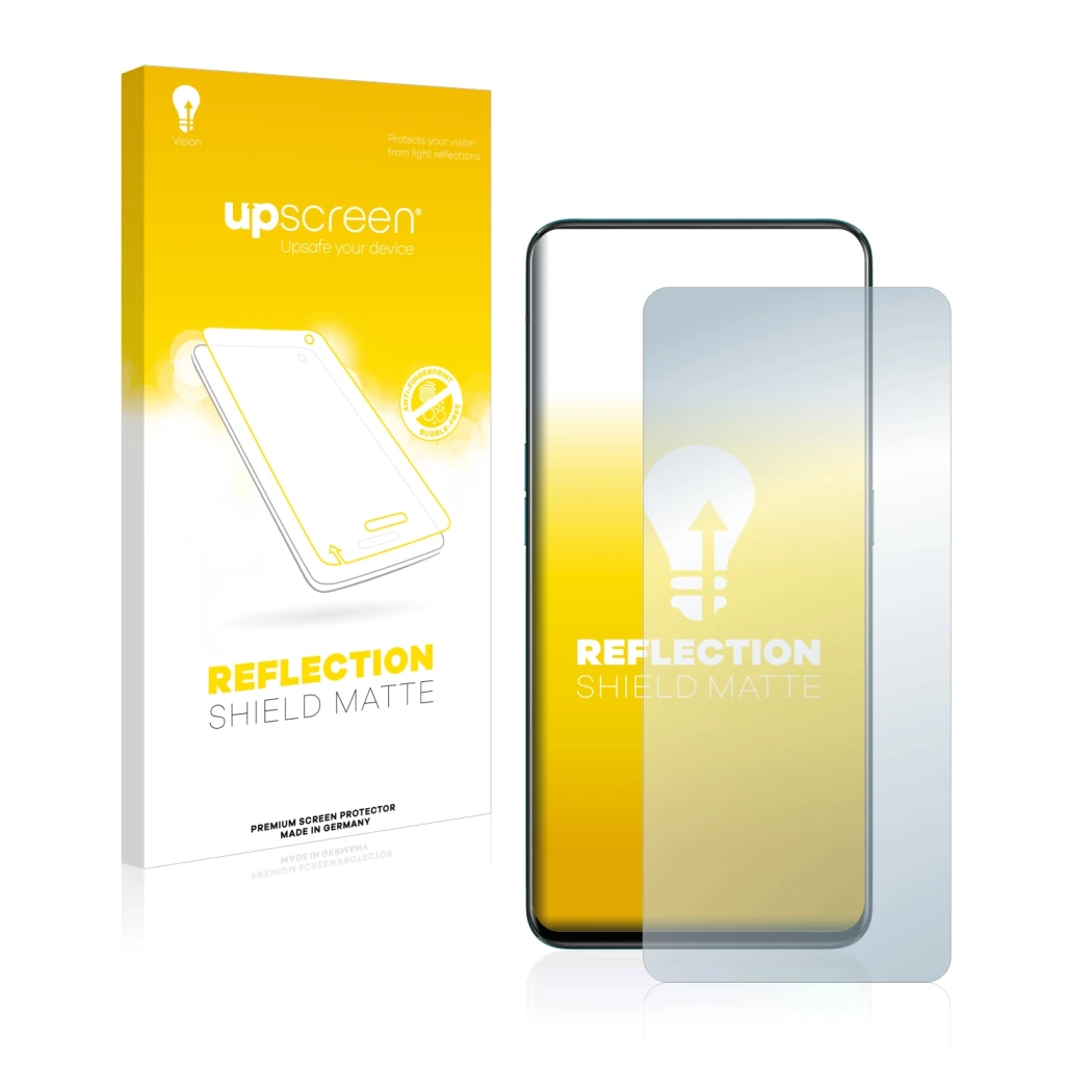 Face avant d’un emballage produit avec le logo de la marque upscreen. À côté, l’appareil Oppo Reno 2 est représenté avec la pr