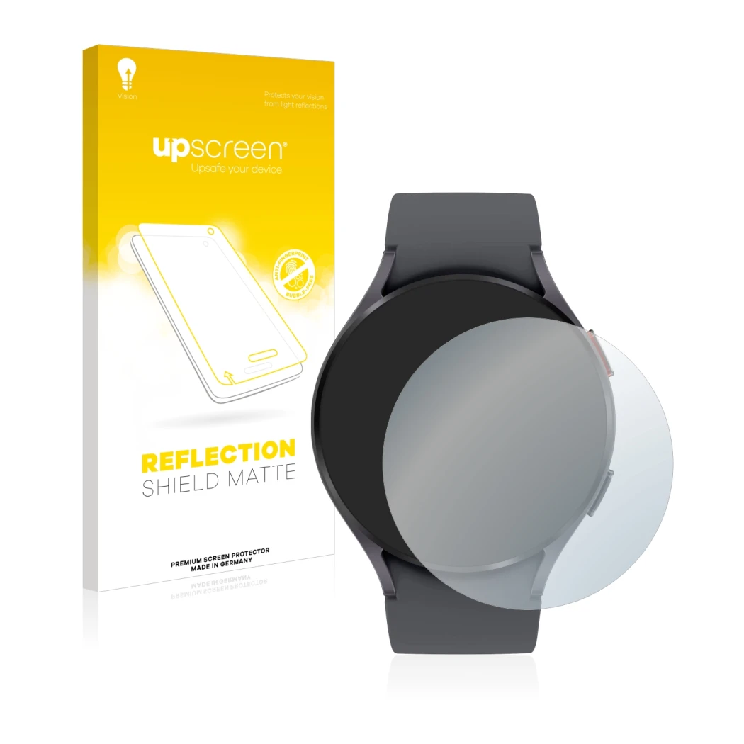 Face avant d’un emballage produit avec le logo de la marque upscreen. À côté, l’appareil Garmin Fenix 6S Pro est représenté av