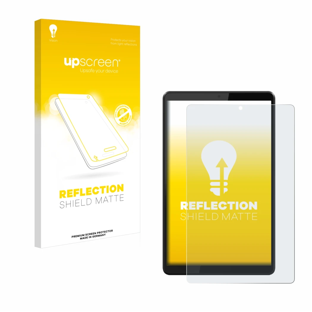 Face avant d’un emballage produit avec le logo de la marque upscreen. À côté, l’appareil Lenovo Tab M8 est représenté avec la 