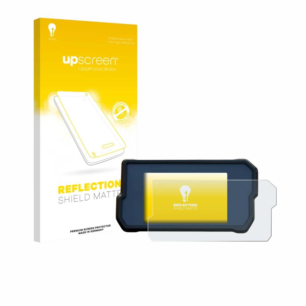 Face avant d’un emballage produit avec le logo de la marque upscreen. À côté, l’appareil KTM 790 Adventure 2019+ est représent