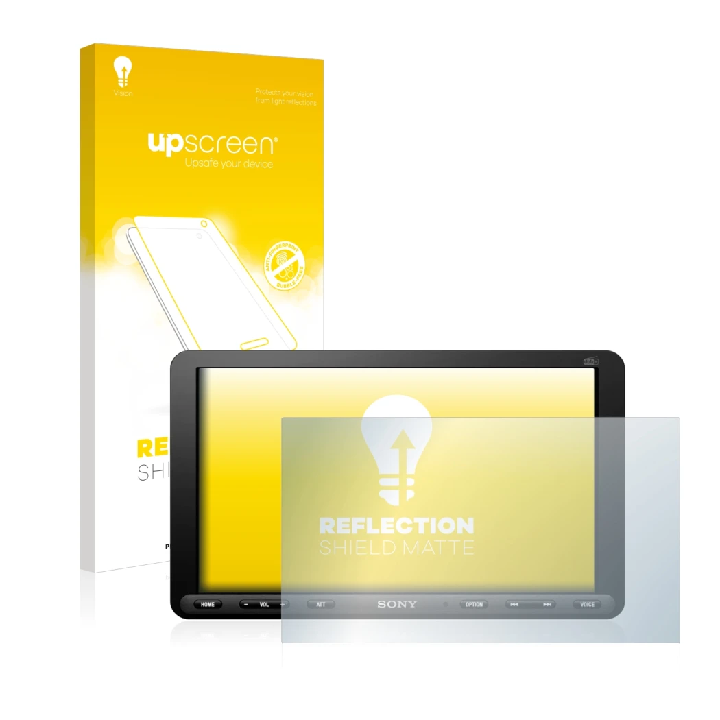 Face avant d’un emballage produit avec le logo de la marque upscreen. À côté, l’appareil Sony XAV-AX8050D est représenté avec