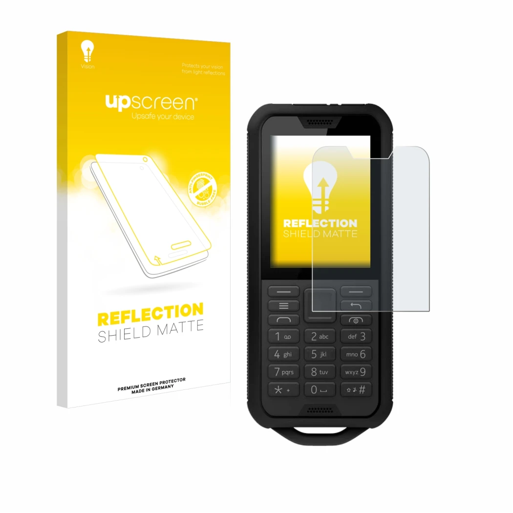 Face avant d’un emballage produit avec le logo de la marque upscreen. À côté, l’appareil Nokia 800 Tough est représenté avec l