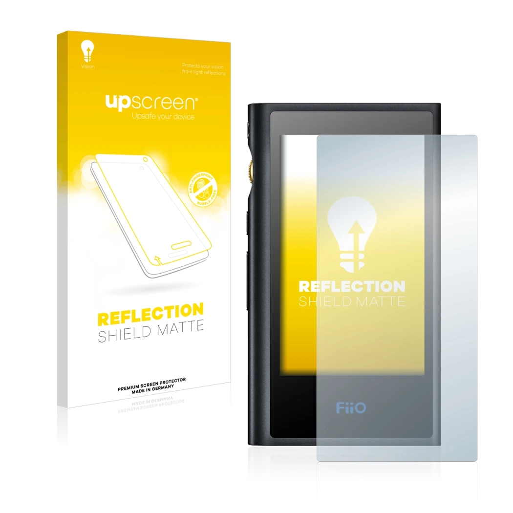 Face avant d’un emballage produit avec le logo de la marque upscreen. À côté, l’appareil FiiO M9 est représenté avec la protec