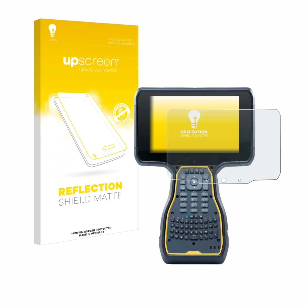 Face avant d’un emballage produit avec le logo de la marque upscreen. À côté, l’appareil Trimble TSC7 Controller est représent