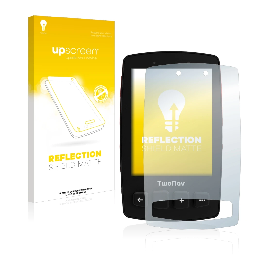 Face avant d’un emballage produit avec le logo de la marque upscreen. À côté, l’appareil TwoNav Trail 2 Bike est représenté av