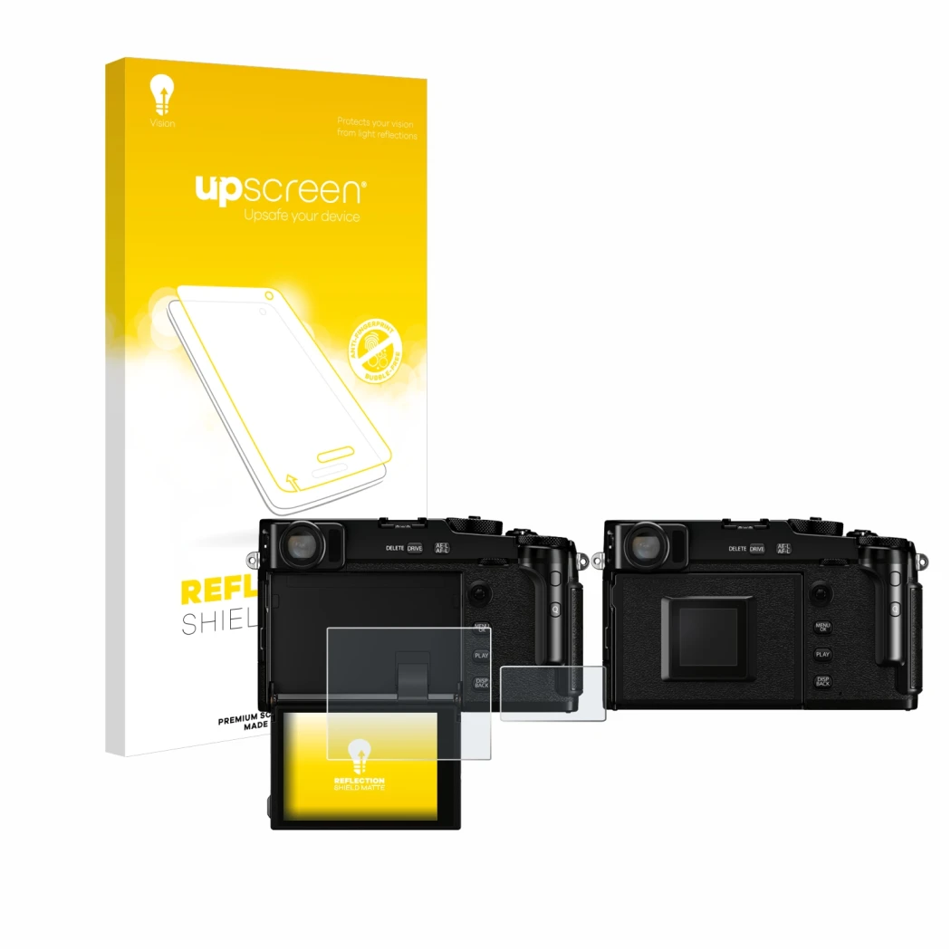 Face avant d’un emballage produit avec le logo de la marque upscreen. À côté, l’appareil Fujifilm X-Pro3 est représenté avec l