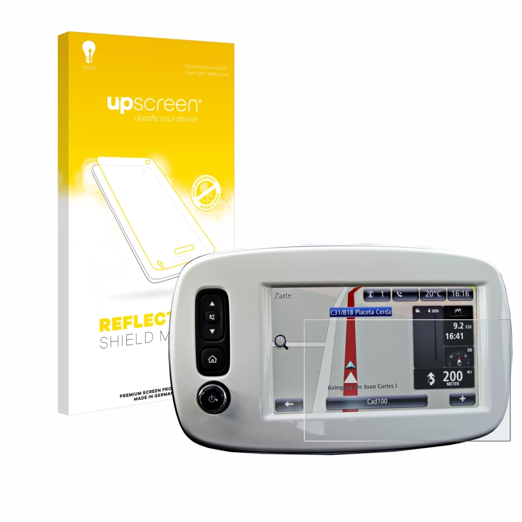 Face avant d’un emballage produit avec le logo de la marque upscreen. À côté, l’appareil TomTom Smart 453 2018 est représenté 