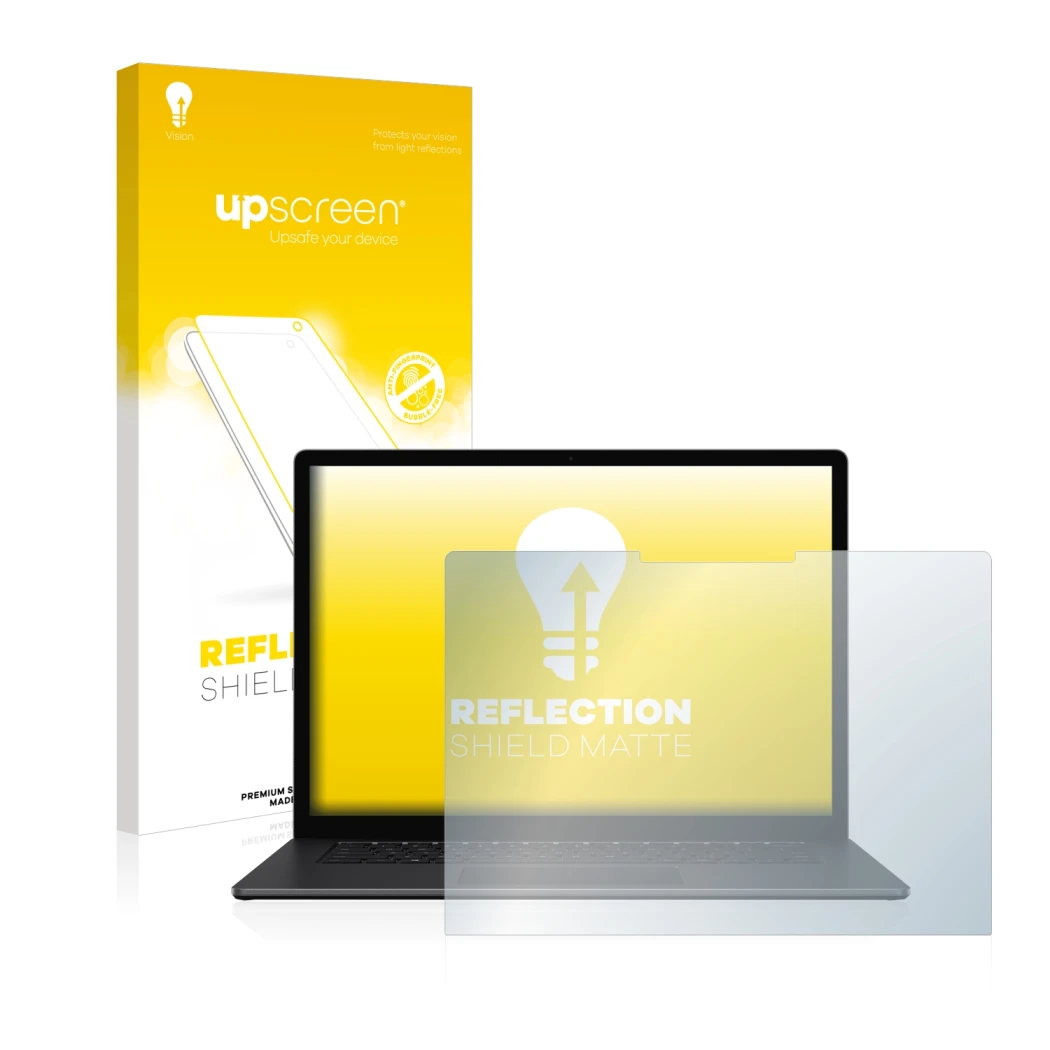 Face avant d’un emballage produit avec le logo de la marque upscreen. À côté, l’appareil Microsoft Surface Laptop 3 15