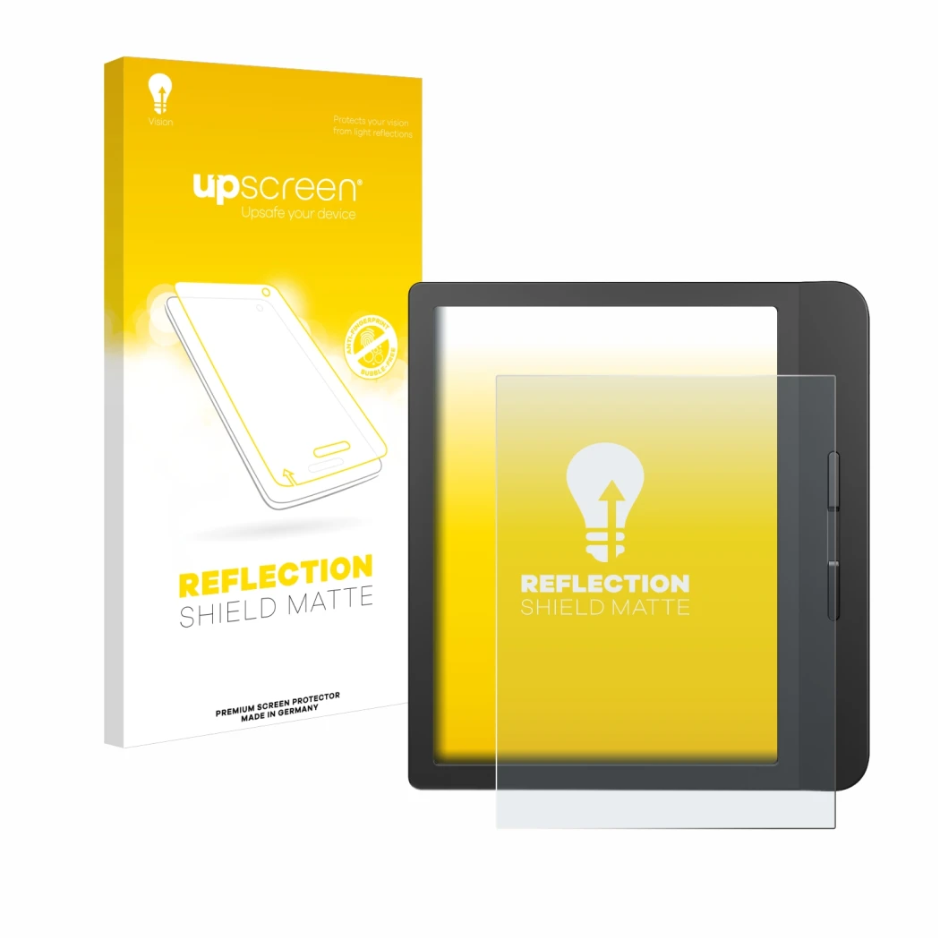 Face avant d’un emballage produit avec le logo de la marque upscreen. À côté, l’appareil Tolino Vision 5 est représenté avec l