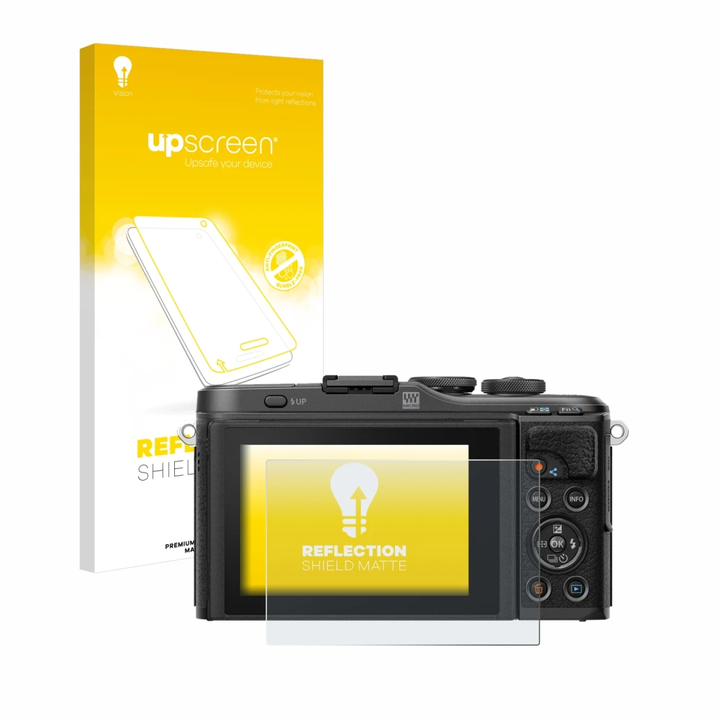 Face avant d’un emballage produit avec le logo de la marque upscreen. À côté, l’appareil Olympus PEN E-PL10 est représenté ave
