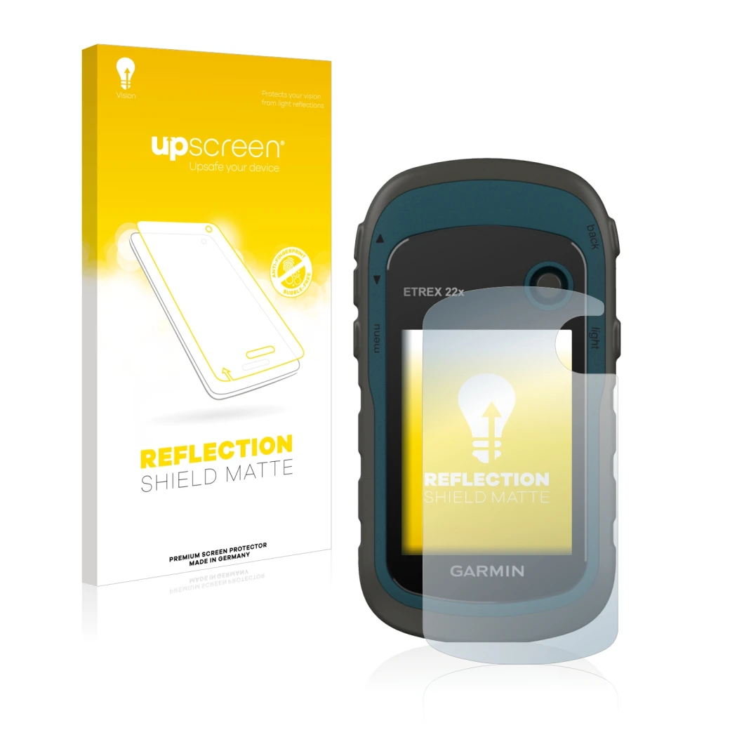 Face avant d’un emballage produit avec le logo de la marque upscreen. À côté, l’appareil Garmin eTrex 22x est représenté avec