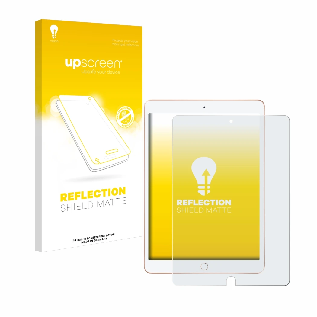 Face avant d’un emballage produit avec le logo de la marque upscreen. À côté, l’appareil Apple iPad 10.2