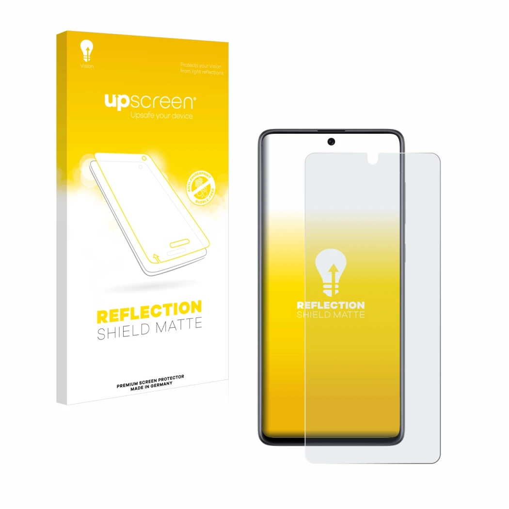 Face avant d’un emballage produit avec le logo de la marque upscreen. À côté, l’appareil Samsung Galaxy A71 est représenté ave