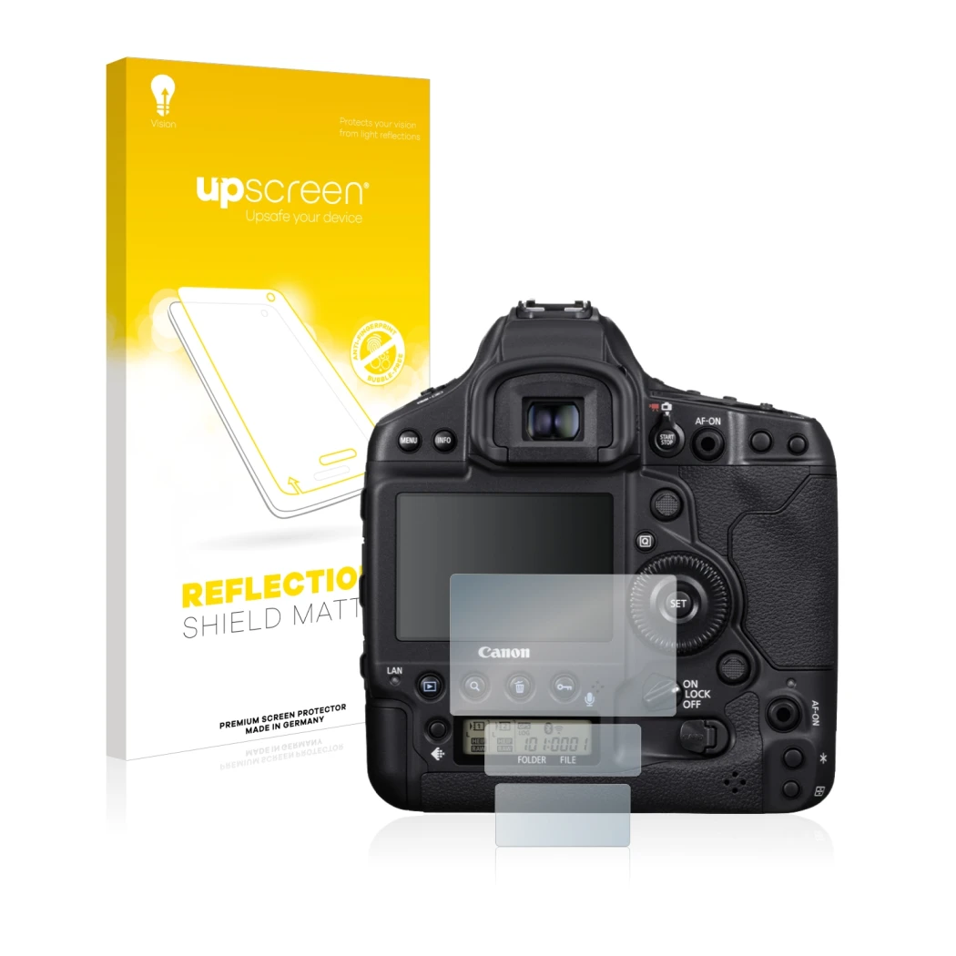 Face avant d’un emballage produit avec le logo de la marque upscreen. À côté, l’appareil Canon EOS 1D X Mark III est représent
