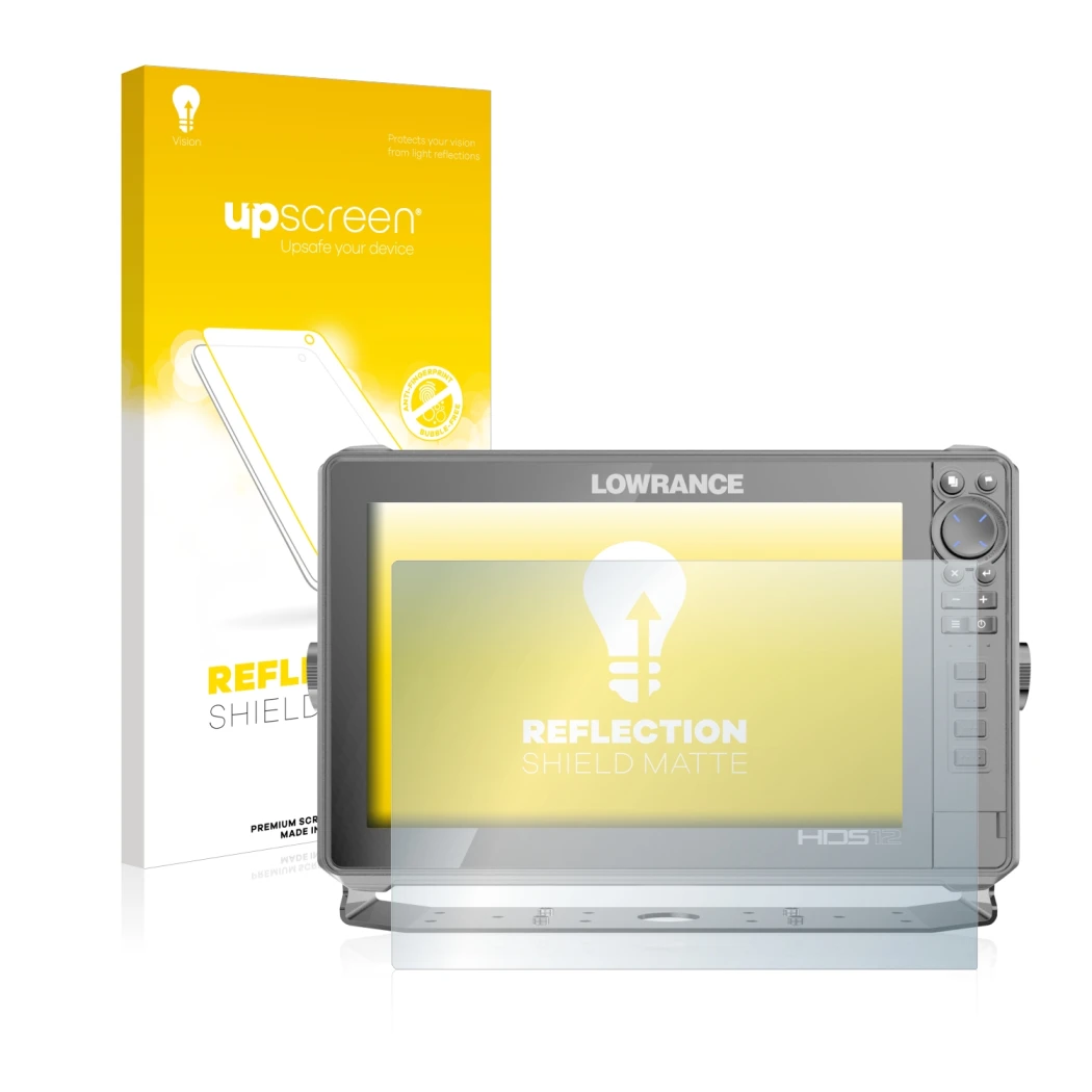 Face avant d’un emballage produit avec le logo de la marque upscreen. À côté, l’appareil Lowrance HDS Live 12