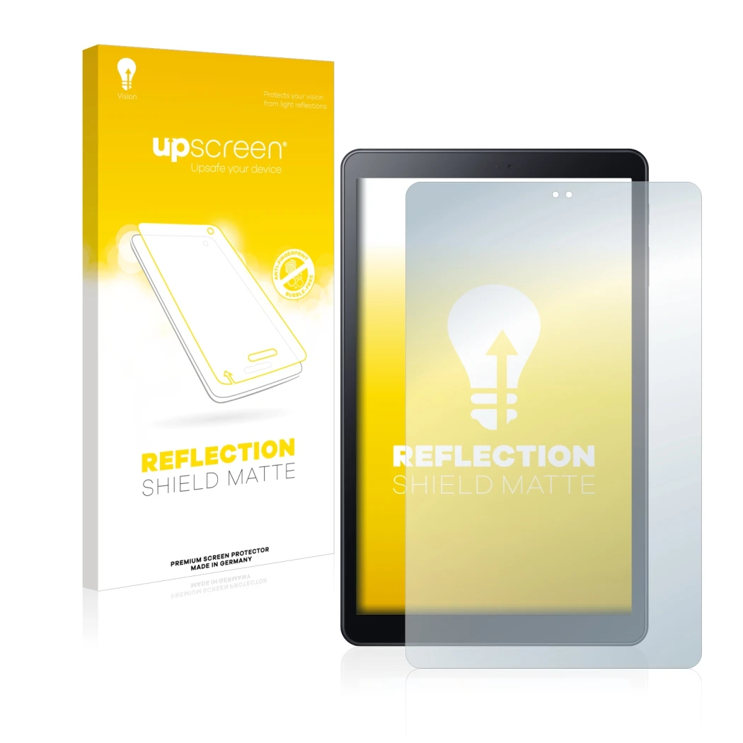 Face avant d’un emballage produit avec le logo de la marque upscreen. À côté, l’appareil Samsung Galaxy Tab A 10.5 WiFi 2018 e