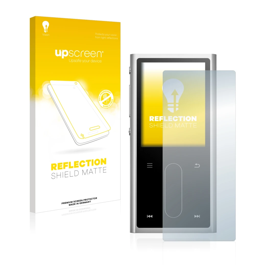 Face avant d’un emballage produit avec le logo de la marque upscreen. À côté, l’appareil FiiO M3K est représenté avec la prote