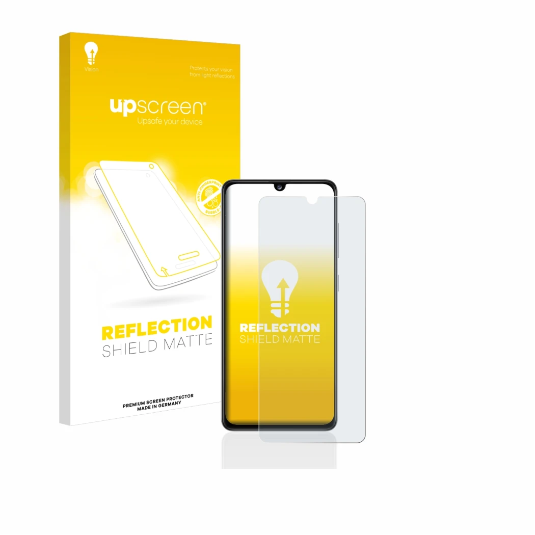 Face avant d’un emballage produit avec le logo de la marque upscreen. À côté, l’appareil Samsung Galaxy A41 est représenté ave