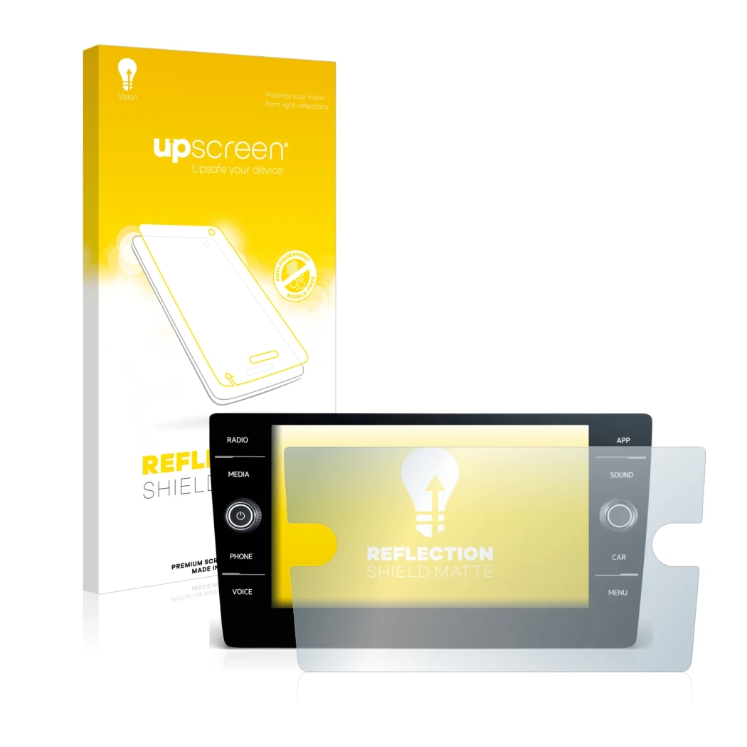 Face avant d’un emballage produit avec le logo de la marque upscreen. À côté, l’appareil Volkswagen Touran 2017 Discover Media