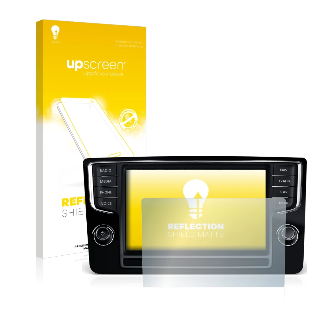 Face avant d’un emballage produit avec le logo de la marque upscreen. À côté, l’appareil Volkswagen Golf Sportsvan 2015 Discov