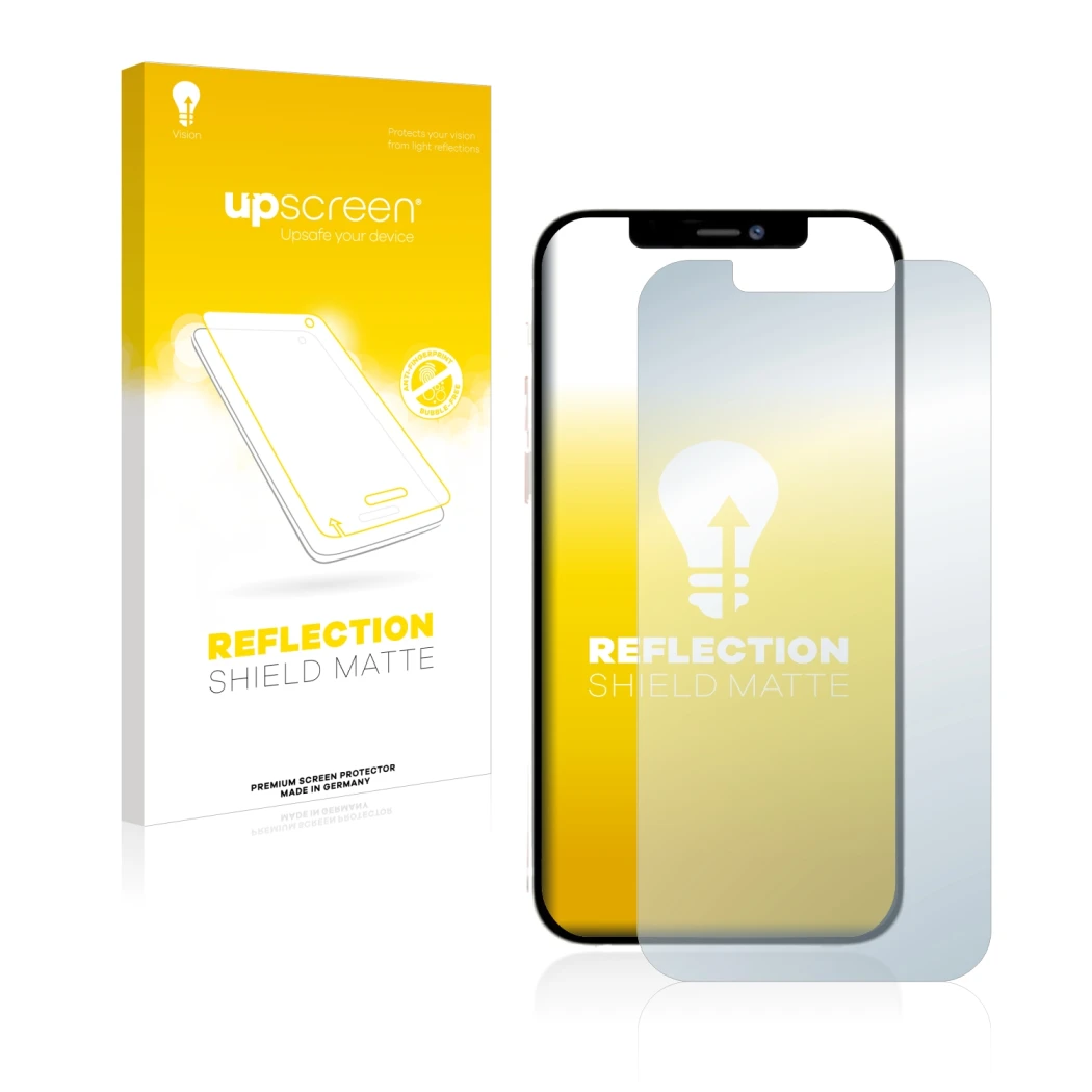 Face avant d’un emballage produit avec le logo de la marque upscreen. À côté, l’appareil Apple iPhone 12 Pro Max est représent