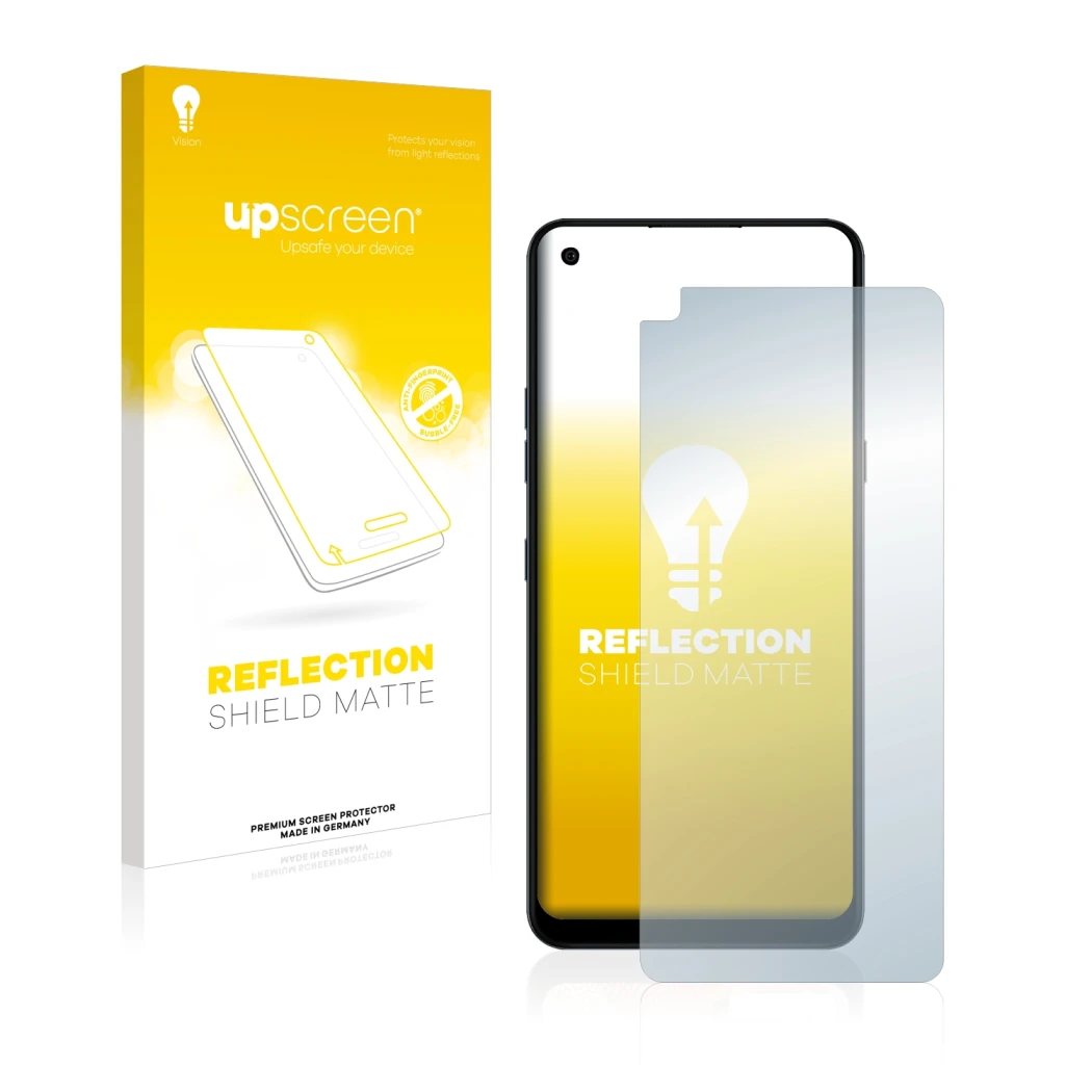 Face avant d’un emballage produit avec le logo de la marque upscreen. À côté, l’appareil LG K51S est représenté avec la protec