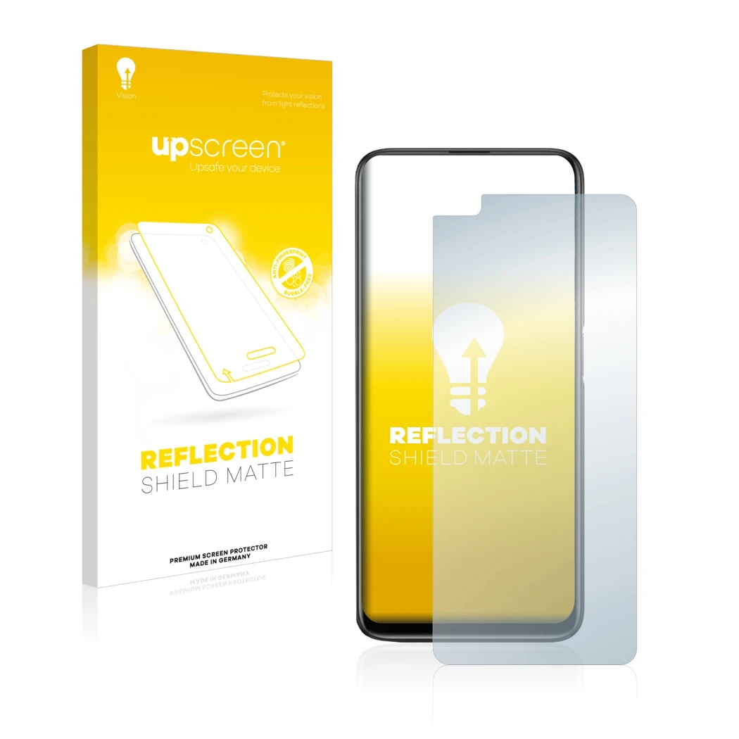 Face avant d’un emballage produit avec le logo de la marque upscreen. À côté, l’appareil realme 6 Pro est représenté avec la p