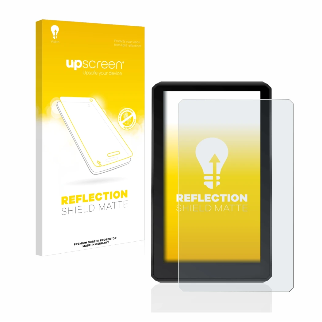 Face avant d’un emballage produit avec le logo de la marque upscreen. À côté, l’appareil Garmin zumo XT est représenté avec la