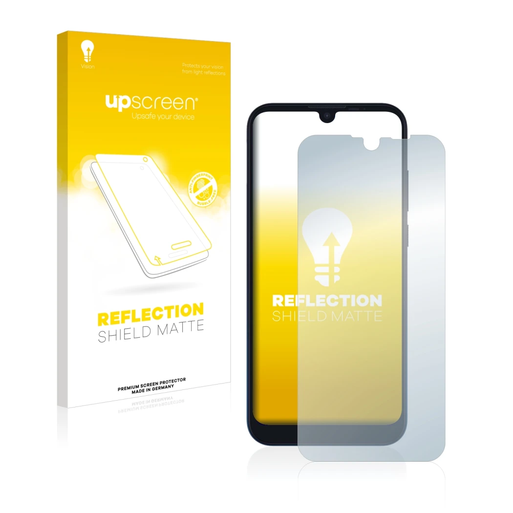 Face avant d’un emballage produit avec le logo de la marque upscreen. À côté, l’appareil Motorola Moto E6s est représenté avec