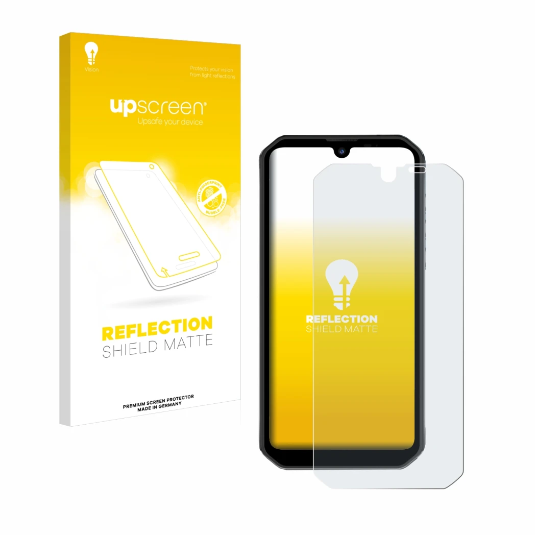 Face avant d’un emballage produit avec le logo de la marque upscreen. À côté, l’appareil Blackview BV9900 Pro est représenté a