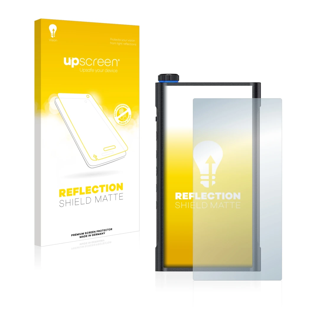 Face avant d’un emballage produit avec le logo de la marque upscreen. À côté, l’appareil FiiO M15 est représenté avec la prote