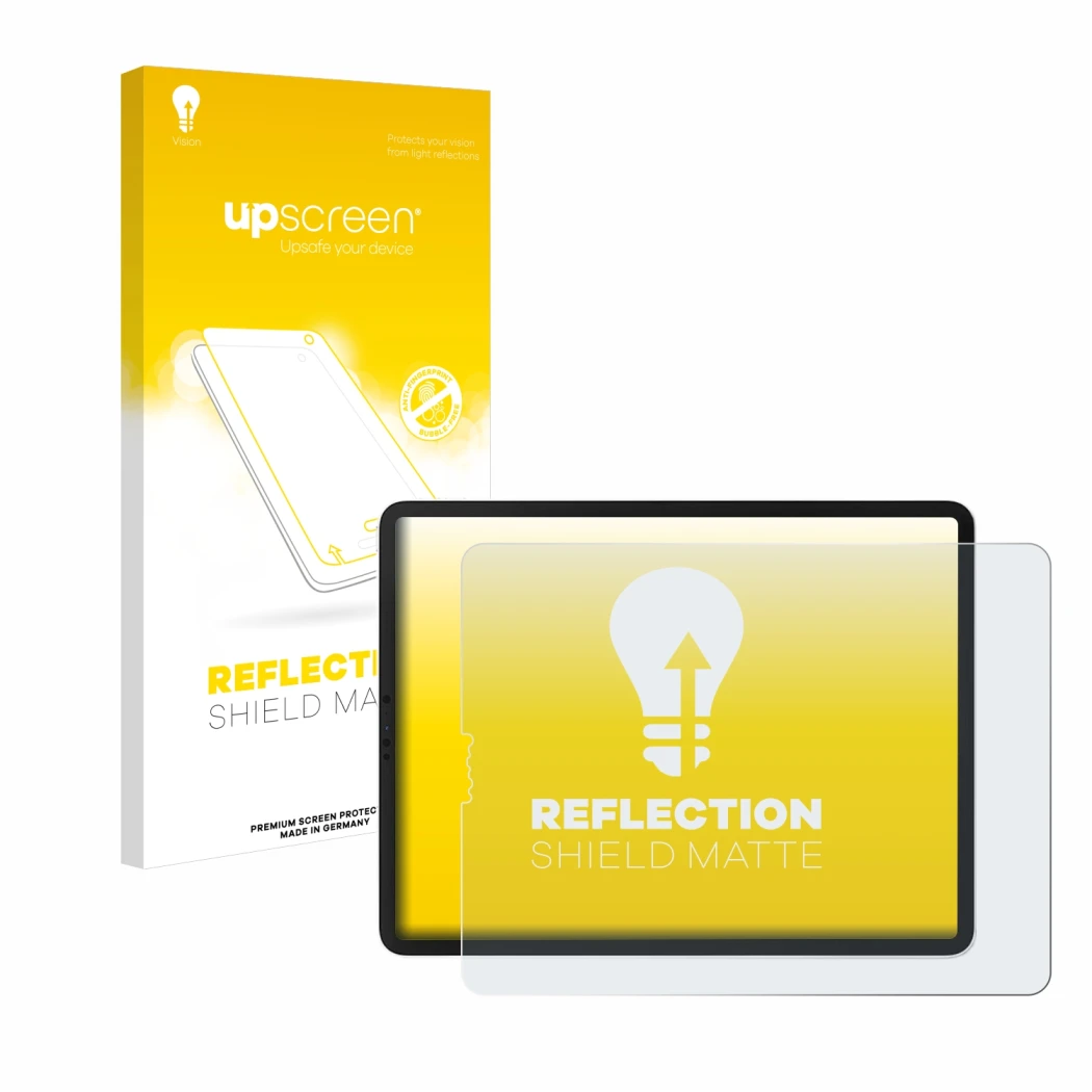 Face avant d’un emballage produit avec le logo de la marque upscreen. À côté, l’appareil Apple iPad Pro 12.9