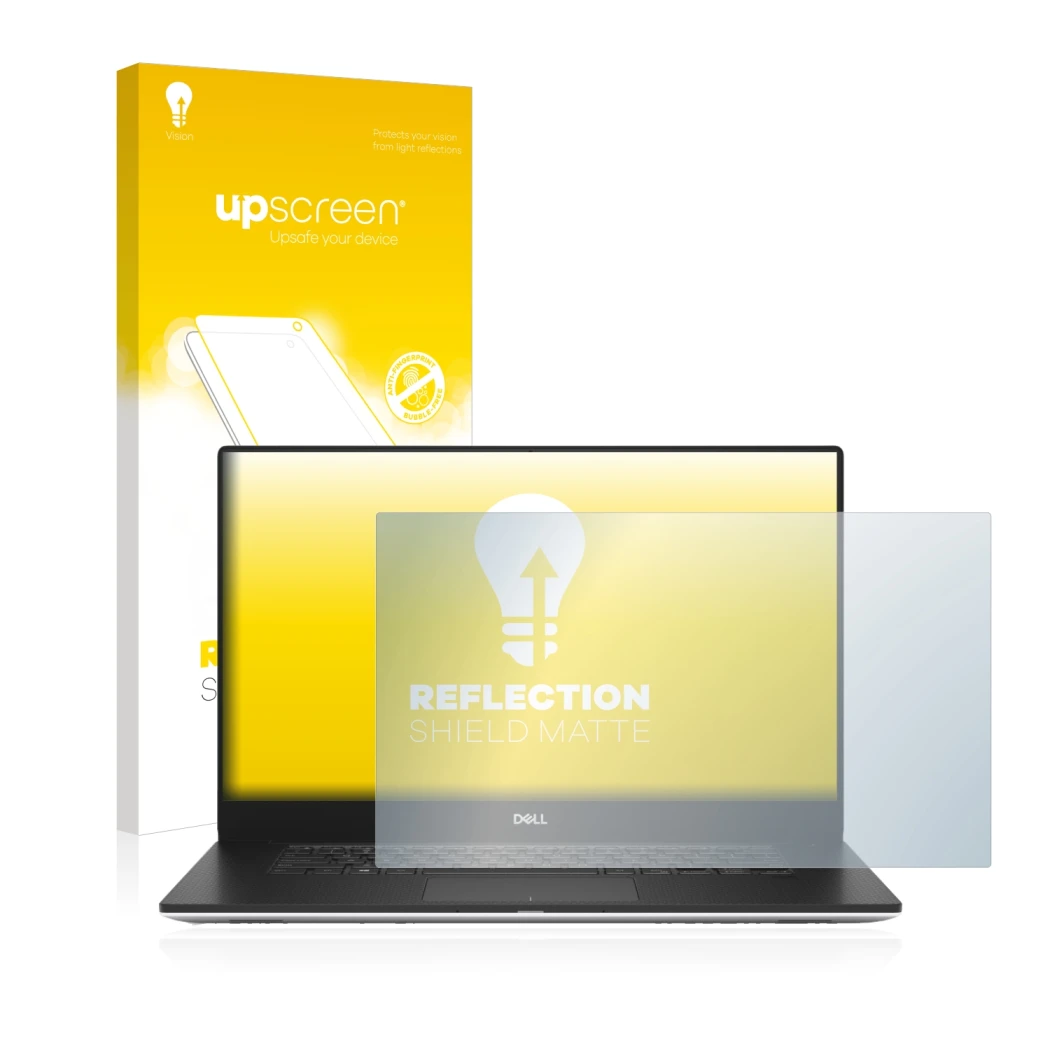 Face avant d’un emballage produit avec le logo de la marque upscreen. À côté, l’appareil Dell Precision 5540 est représenté av