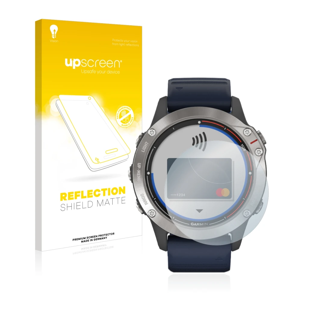 Face avant d’un emballage produit avec le logo de la marque upscreen. À côté, l’appareil Garmin quatix 6 est représenté avec l