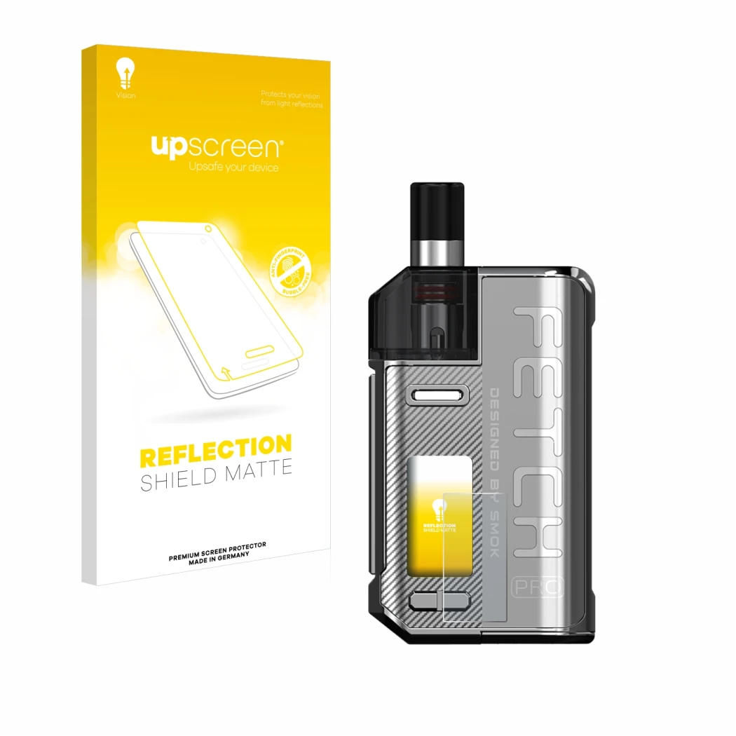 Face avant d’un emballage produit avec le logo de la marque upscreen. À côté, l’appareil Smok Fetch 80W Pro est représenté ave