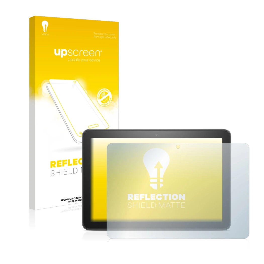 Face avant d’un emballage produit avec le logo de la marque upscreen. À côté, l’appareil Amazon Fire HD 8 Plus 2020 (10ème Gen