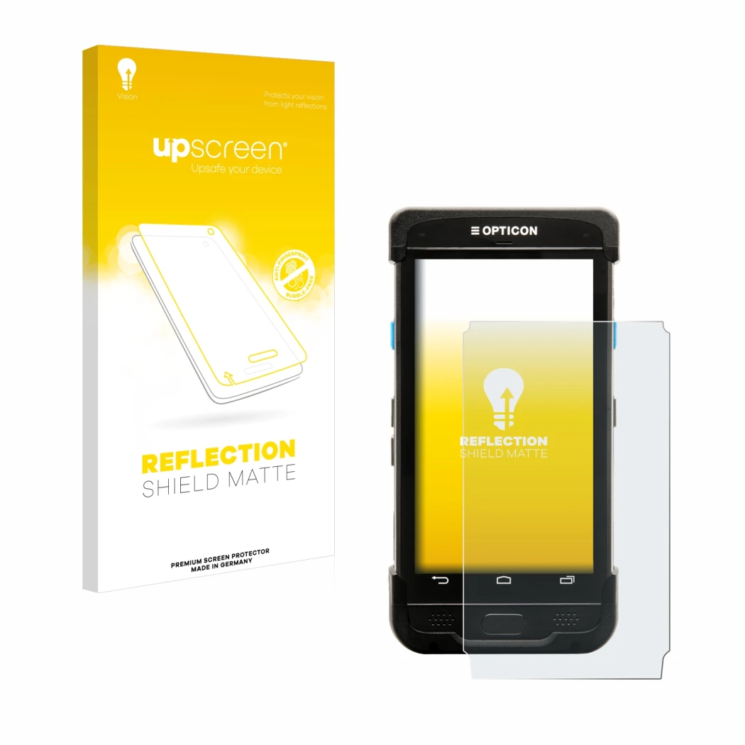 Face avant d’un emballage produit avec le logo de la marque upscreen. À côté, l’appareil Opticon H-31 est représenté avec la p