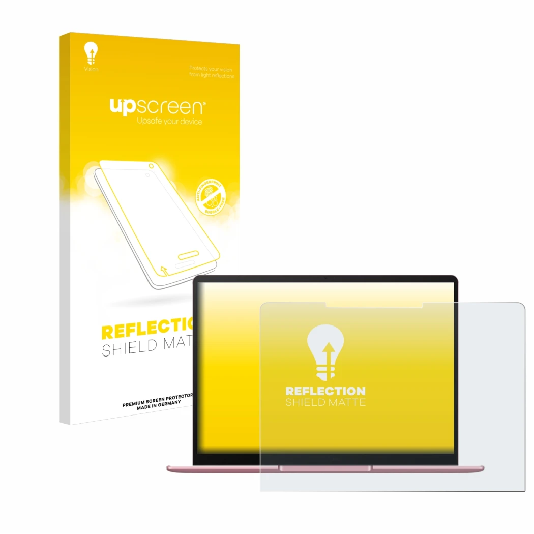 Face avant d’un emballage produit avec le logo de la marque upscreen. À côté, l’appareil Huawei MateBook 13 2020 est représent