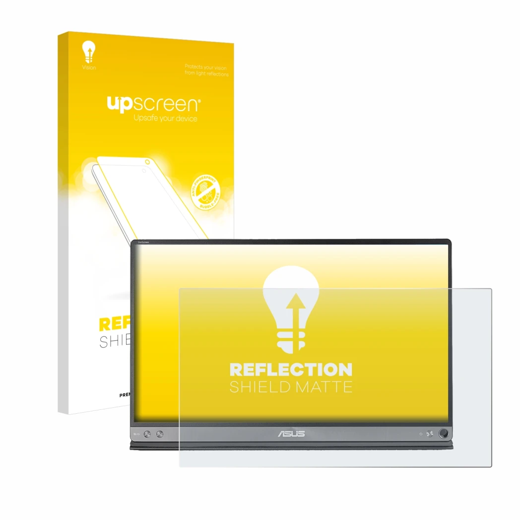 Face avant d’un emballage produit avec le logo de la marque upscreen. À côté, l’appareil ASUS ZenScreen MB16AC est représenté