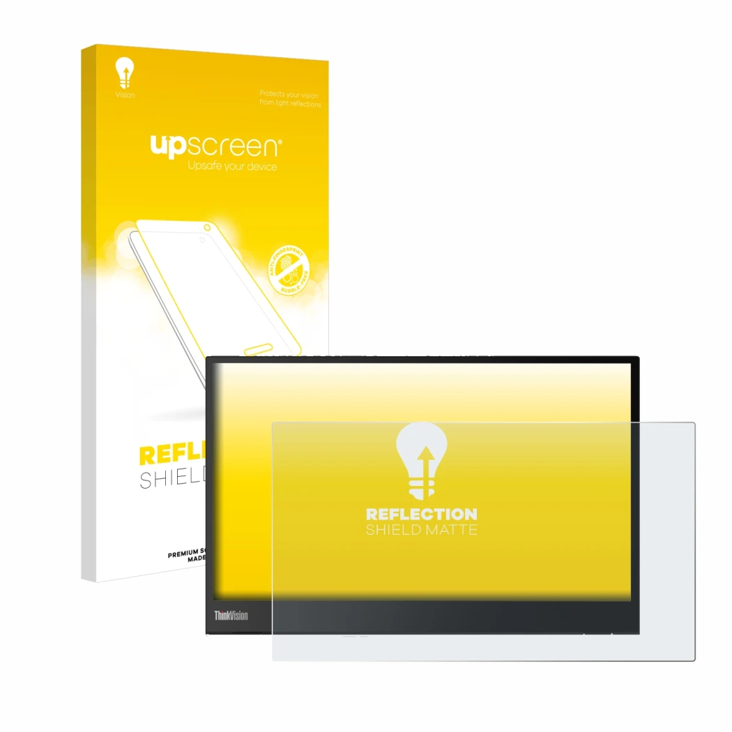 Face avant d’un emballage produit avec le logo de la marque upscreen. À côté, l’appareil Lenovo ThinkVision M14 16:9 est repré