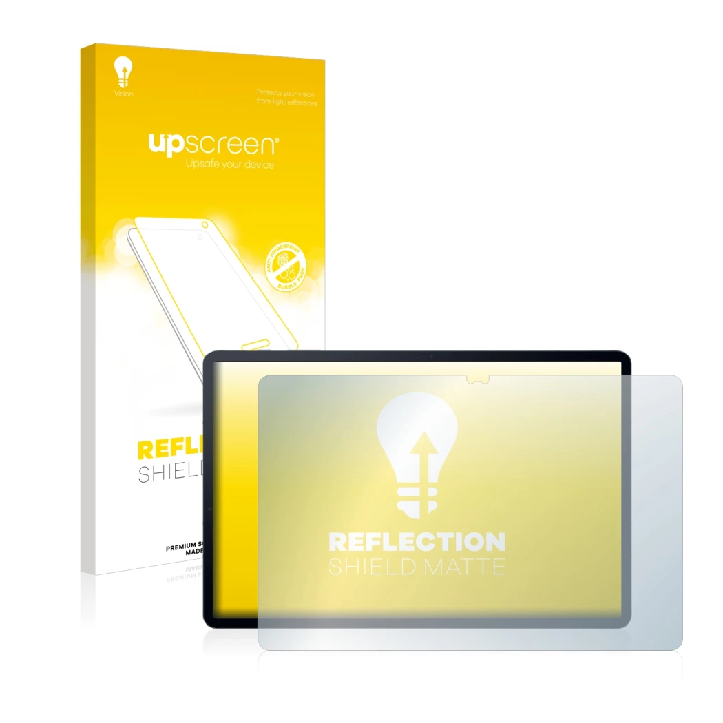 Face avant d’un emballage produit avec le logo de la marque upscreen. À côté, l’appareil Samsung Galaxy Tab S7 Plus WiFi 2020