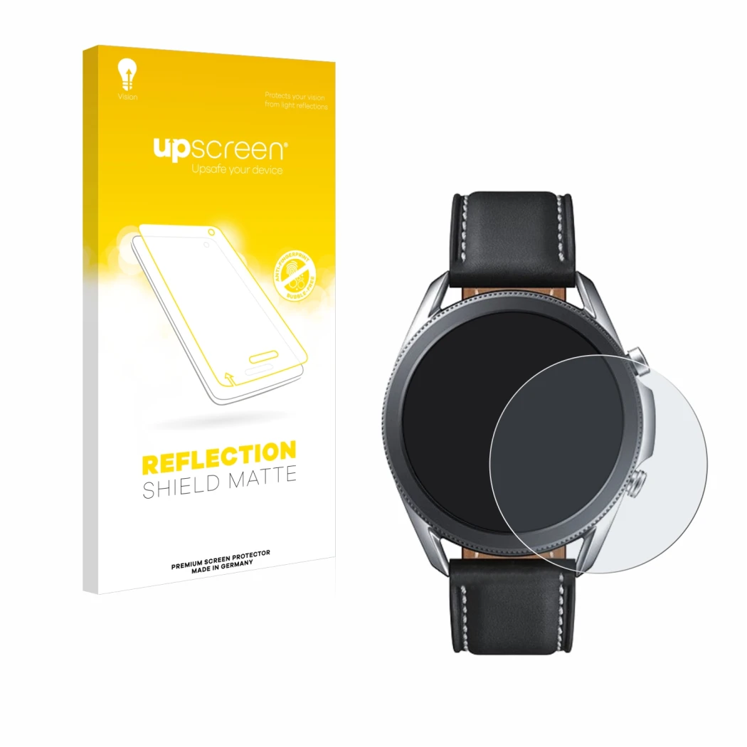 Face avant d’un emballage produit avec le logo de la marque upscreen. À côté, l’appareil Samsung Galaxy Watch 3 (45mm) est rep