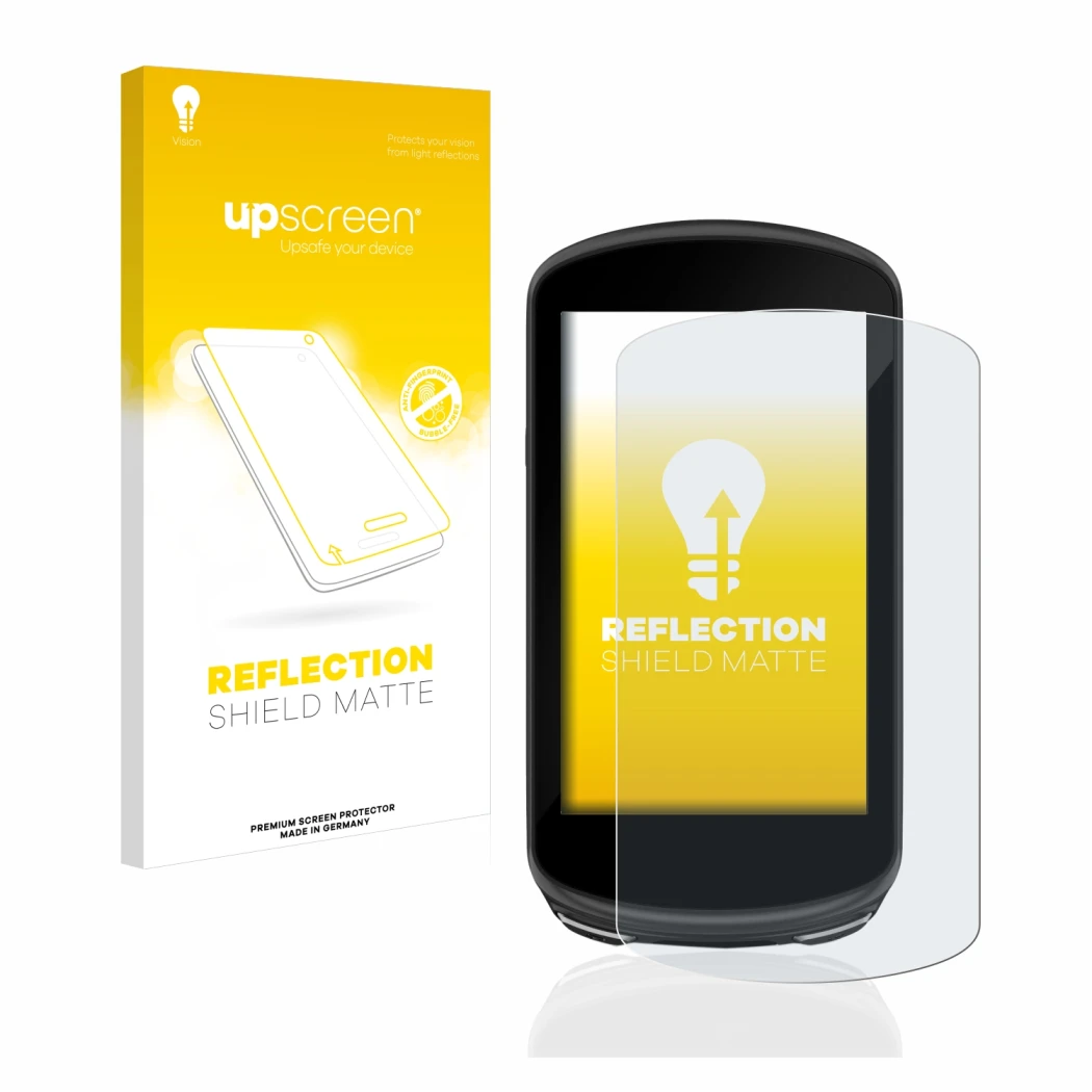 Face avant d’un emballage produit avec le logo de la marque upscreen. À côté, l’appareil Garmin Edge 1030 Plus est représenté