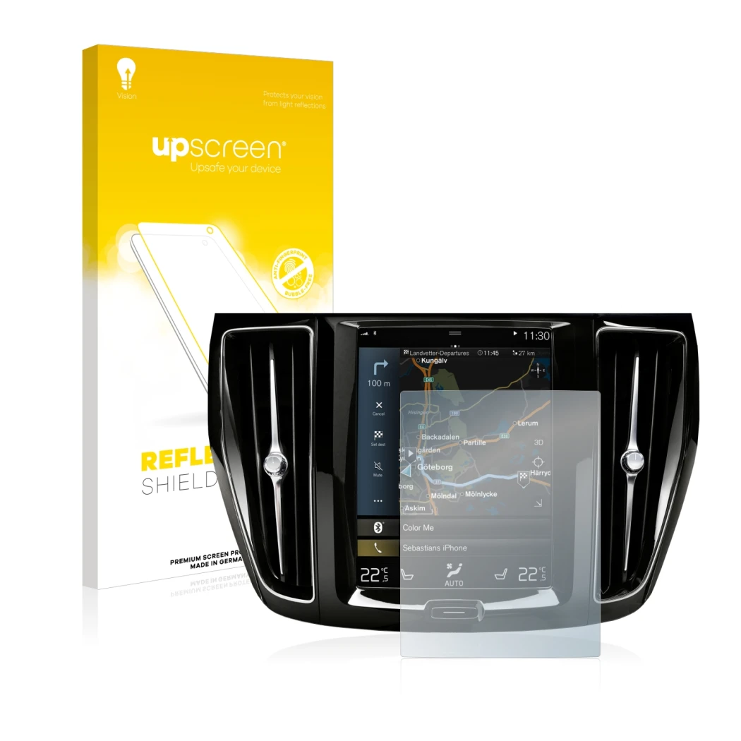 Face avant d’un emballage produit avec le logo de la marque upscreen. À côté, l’appareil Volvo S60 Sensus Connect 2020 est rep