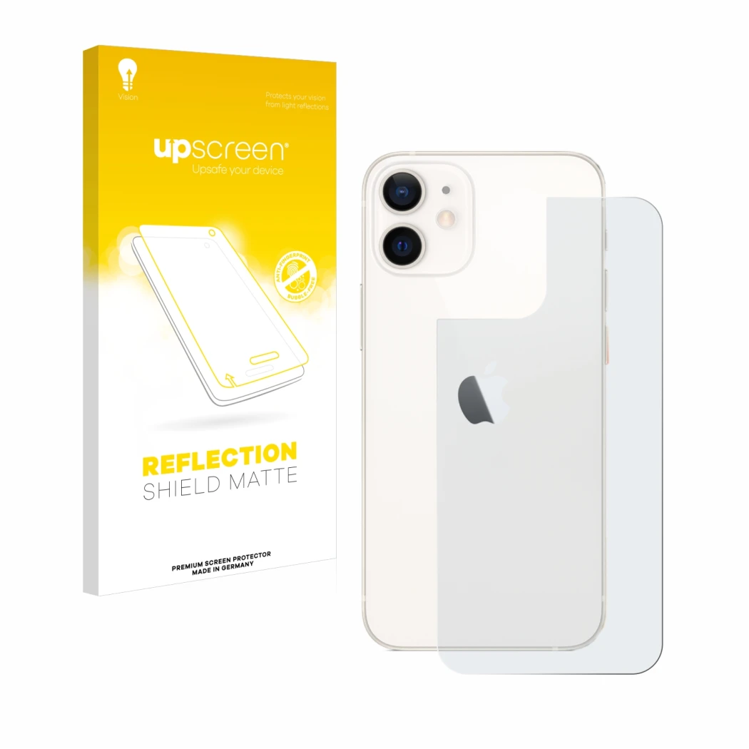 Face avant d’un emballage produit avec le logo de la marque upscreen. À côté, l’appareil Apple iPhone 12 mini (Arrière) est re