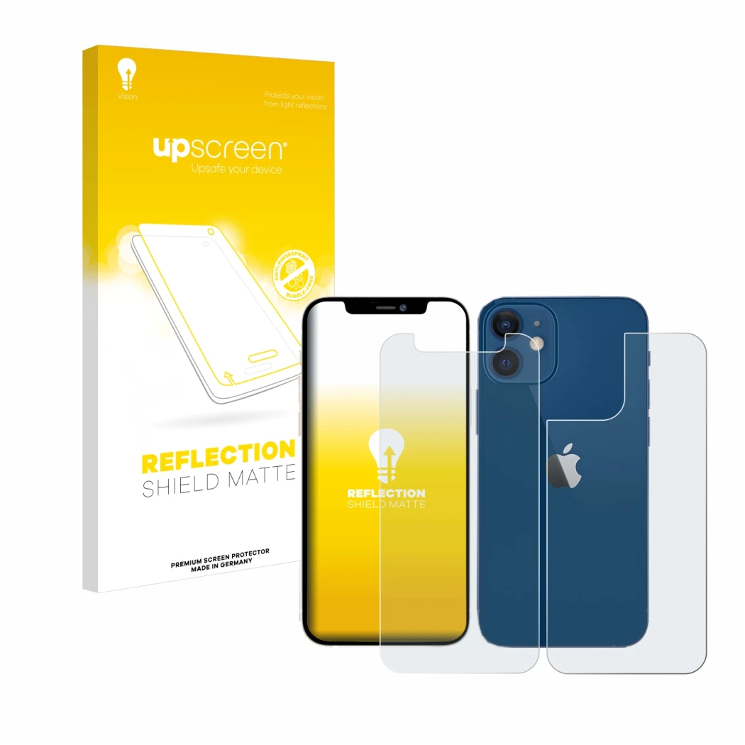 Face avant d’un emballage produit avec le logo de la marque upscreen. À côté, l’appareil Apple iPhone 12 mini (Avant+Arrière) 