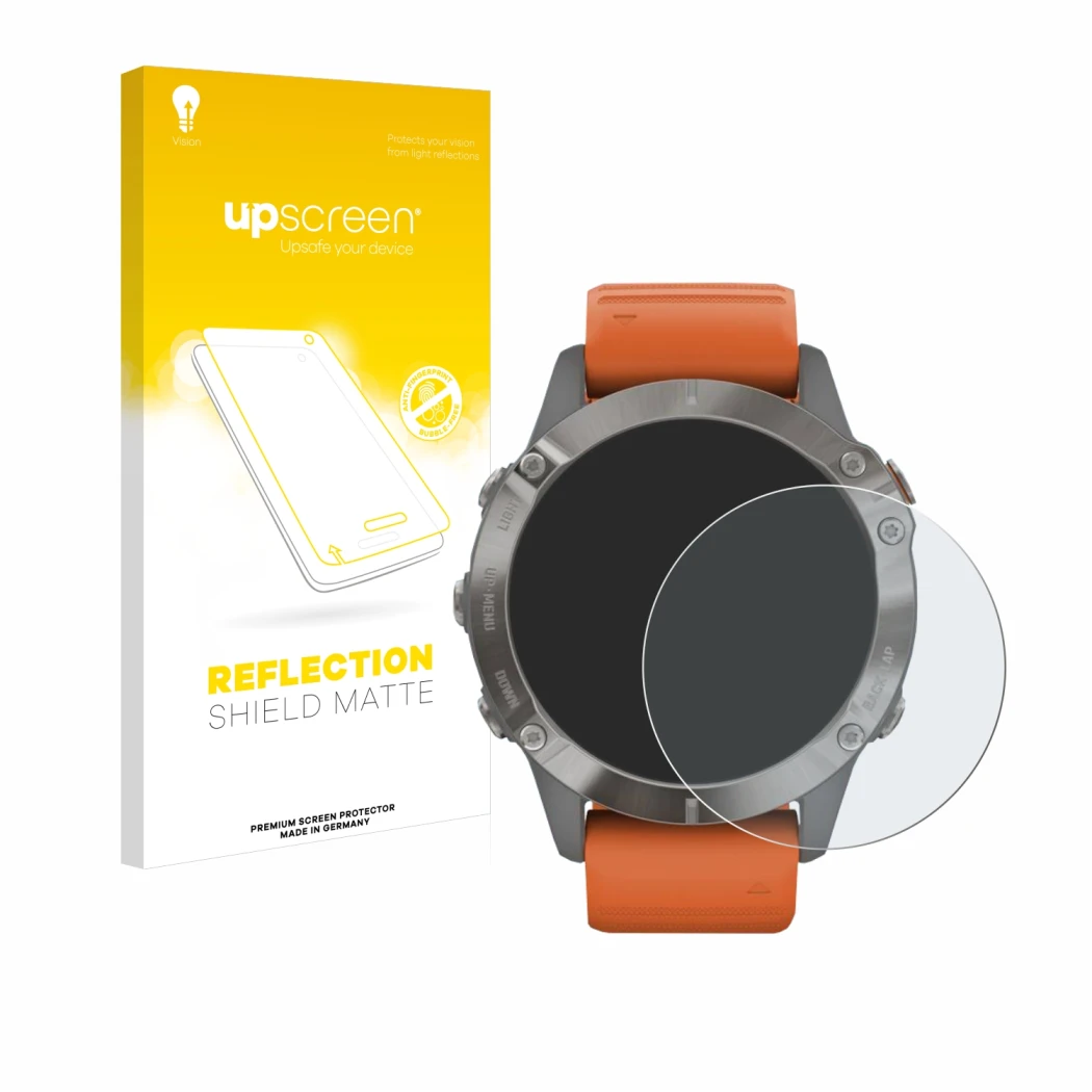 Face avant d’un emballage produit avec le logo de la marque upscreen. À côté, l’appareil Garmin Fenix 6 Pro Solar est représen