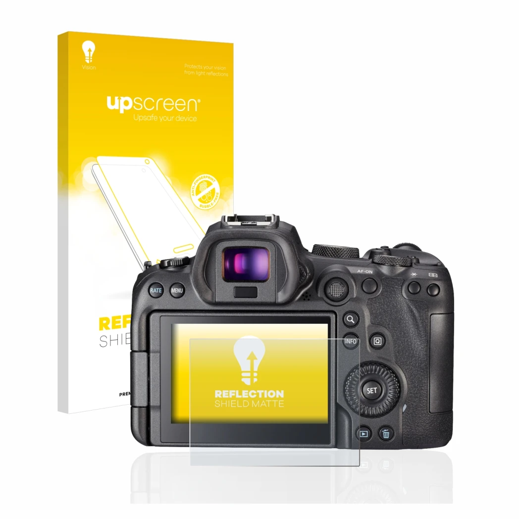Face avant d’un emballage produit avec le logo de la marque upscreen. À côté, l’appareil Canon EOS R6 est représenté avec la p