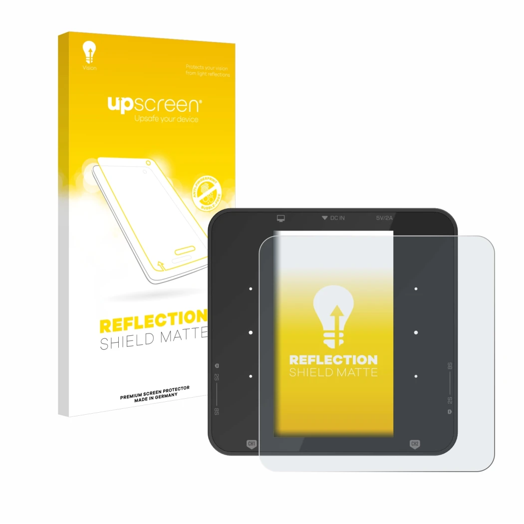 Face avant d’un emballage produit avec le logo de la marque upscreen. À côté, l’appareil ISDT P30 est représenté avec la prote